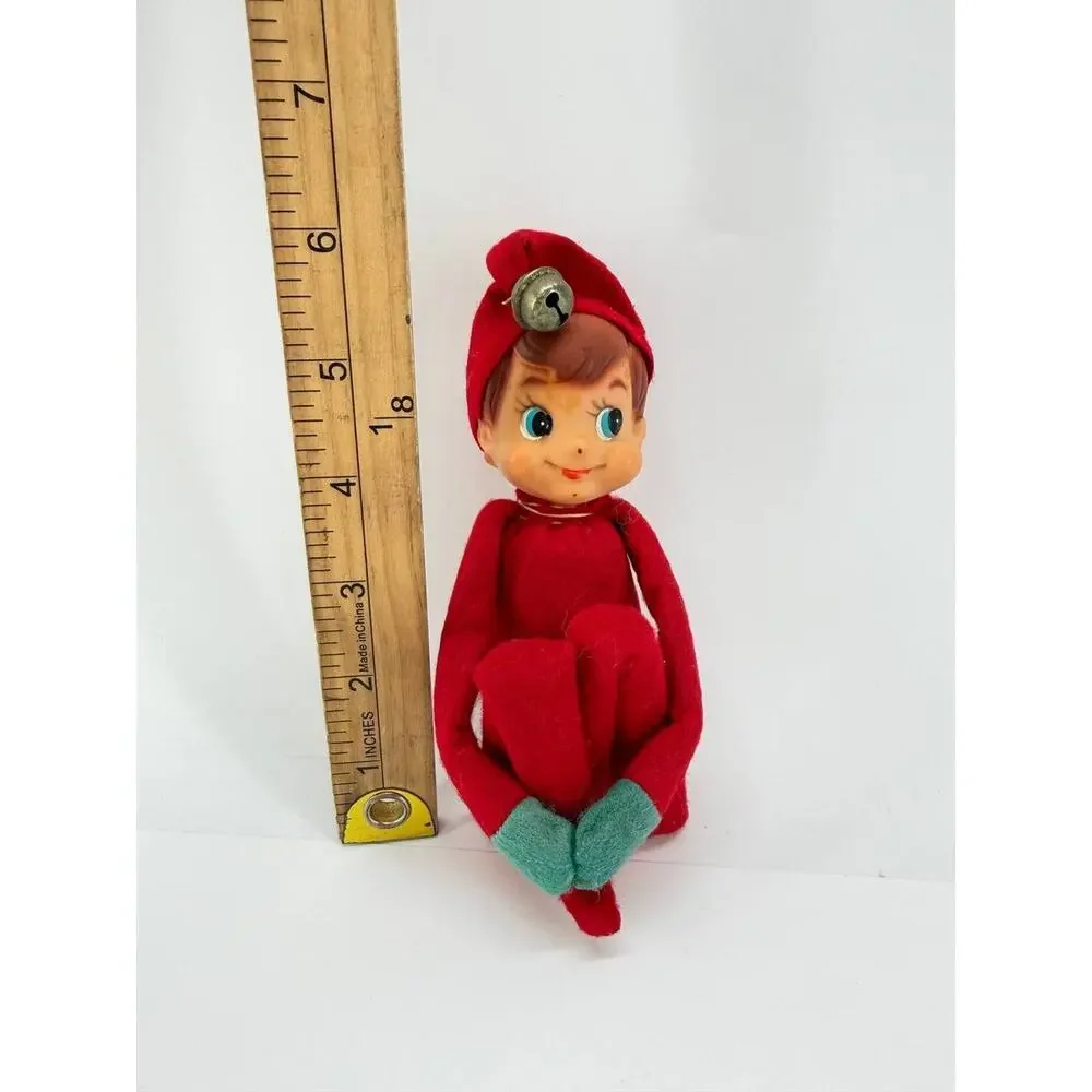 Vintage Pixie Elf Knee Hugger Christmas Doll Felt Plastic Face Bell Hat Japan